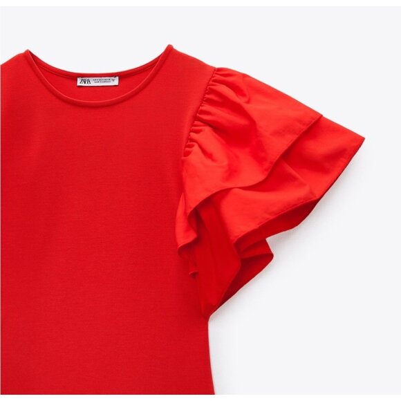 Zara Red Ruffle Sleeve Bodycon Mini Dress Size S - Picture 5 of 13